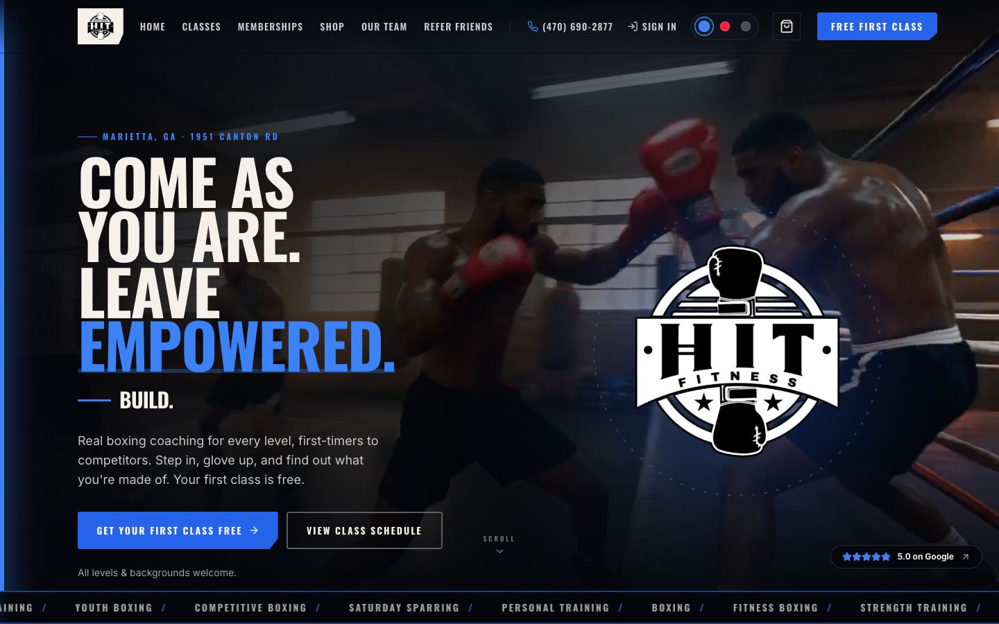 HIT Fitness & Boxing homepage after the rebuild on desktop: video hero, free first class offer and booking buttons.